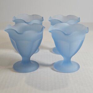 4 Vintage Light Blue Satin Frosted Sherbet Dessert Parfait Glasses Ruffled 4.5"